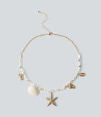 Starfish and Shell Pendant Pearls Necklace — Gold — view 1