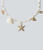 Starfish and Shell Pendant Pearls Necklace — Gold — view 2