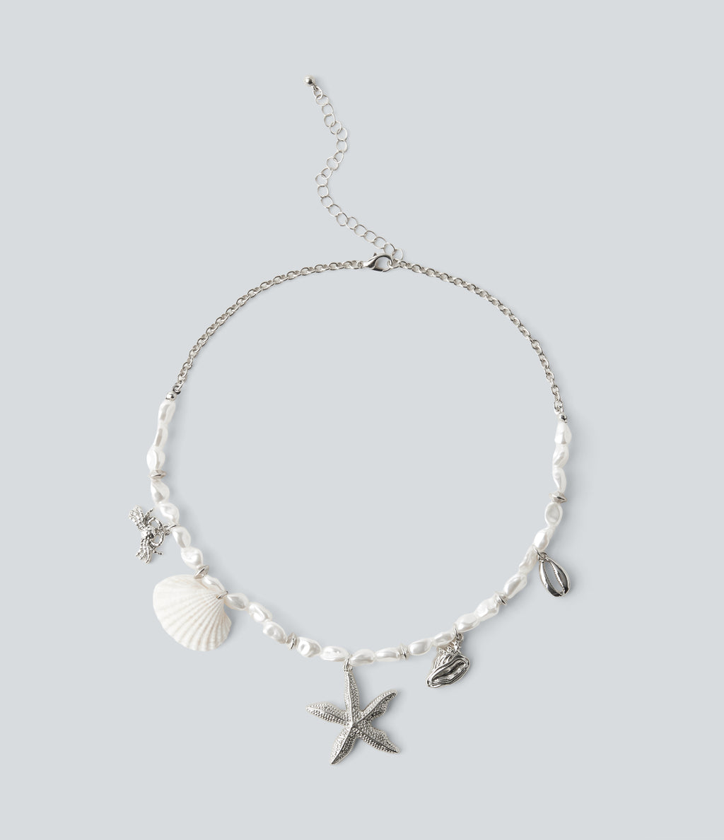 Starfish and Shell Pendant Pearls Necklace — Silver — view 4