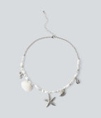 Starfish and Shell Pendant Pearls Necklace — Silver — view 4