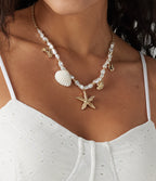 Starfish and Shell Pendant Pearls Necklace — Gold — view 3