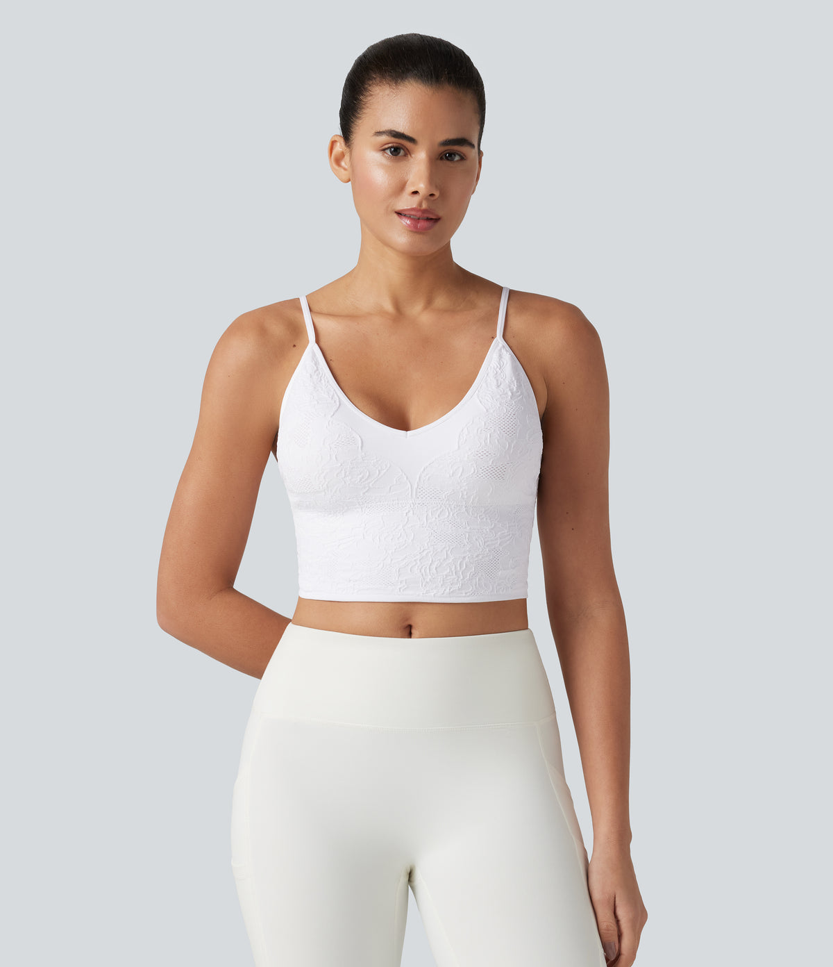 OneForm Seamless Flow Jacquard Built-in Bra Cropped Yoga Tank Top — White — view 4