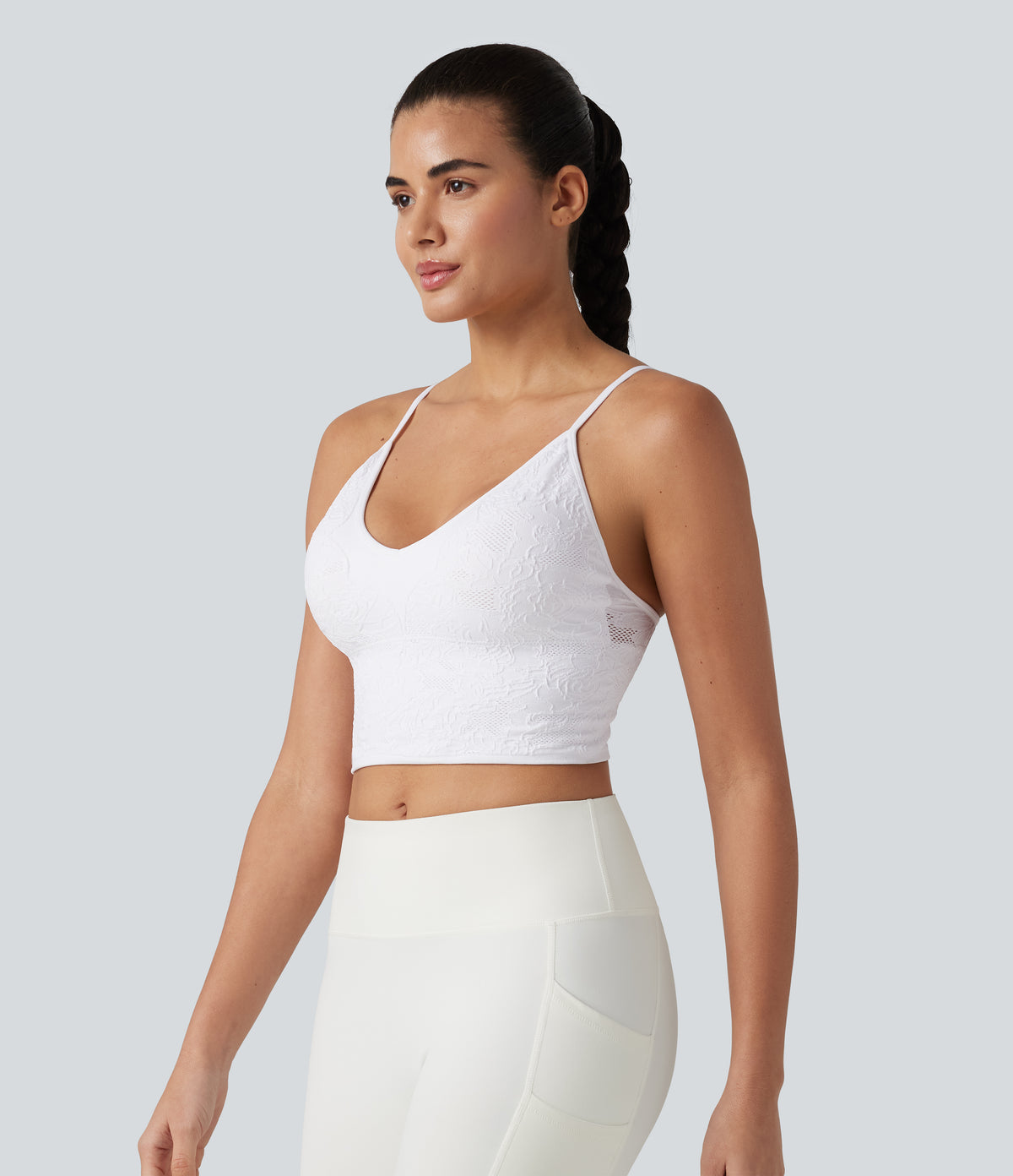 OneForm Seamless Flow Jacquard Built-in Bra Cropped Yoga Tank Top — White — view 3