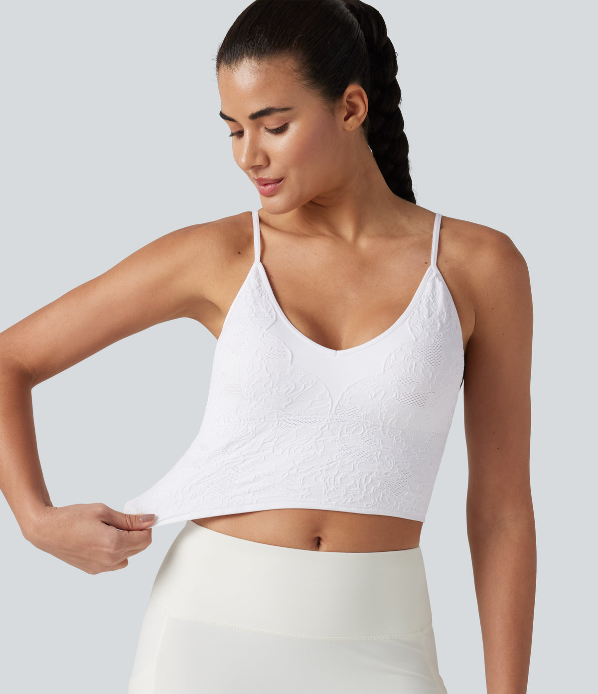 OneForm Seamless Flow Jacquard Built-in Bra Cropped Yoga Tank Top — White — view 5