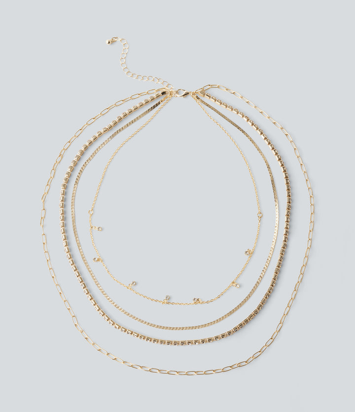 Rhinestones Chain Necklace Set — Gold — view 1