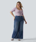 Plus Size High Waisted Tummy Control Wide Leg Casual Jeans with Pockets — Tide Blue Denim — view 6