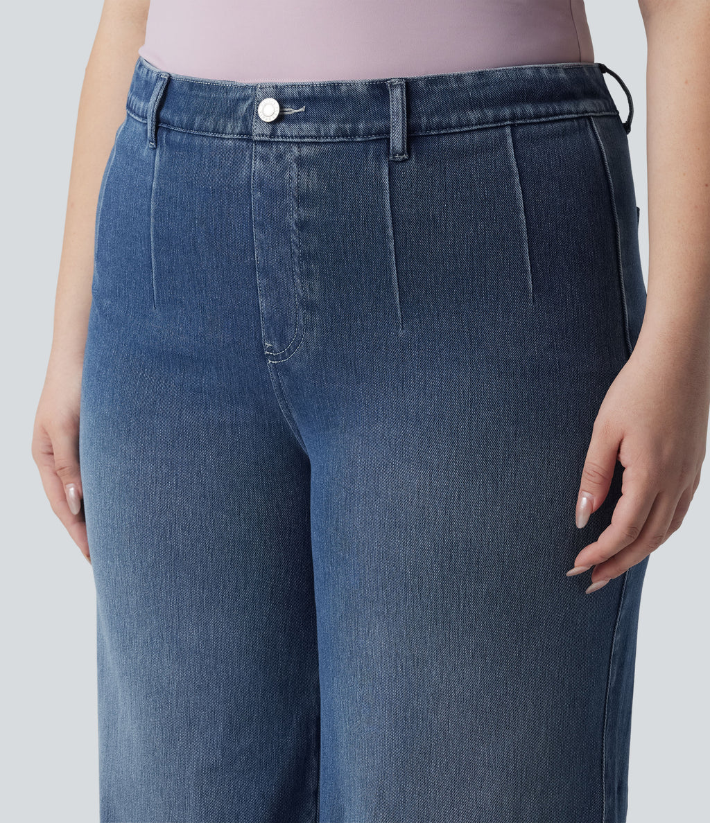 Plus Size High Waisted Tummy Control Wide Leg Casual Jeans with Pockets — Tide Blue Denim — view 4