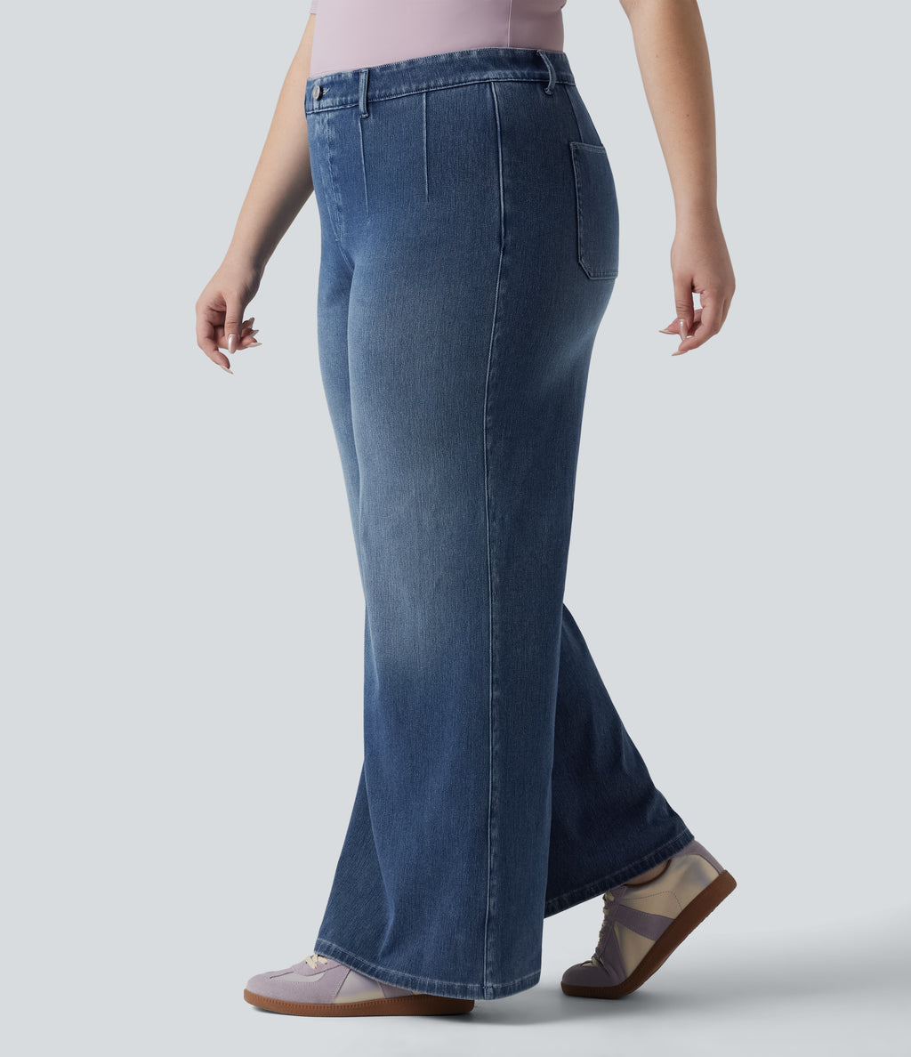 Plus Size High Waisted Tummy Control Wide Leg Casual Jeans with Pockets — Tide Blue Denim — view 3