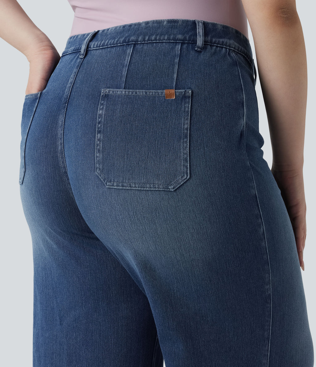Plus Size High Waisted Tummy Control Wide Leg Casual Jeans with Pockets — Tide Blue Denim — view 5
