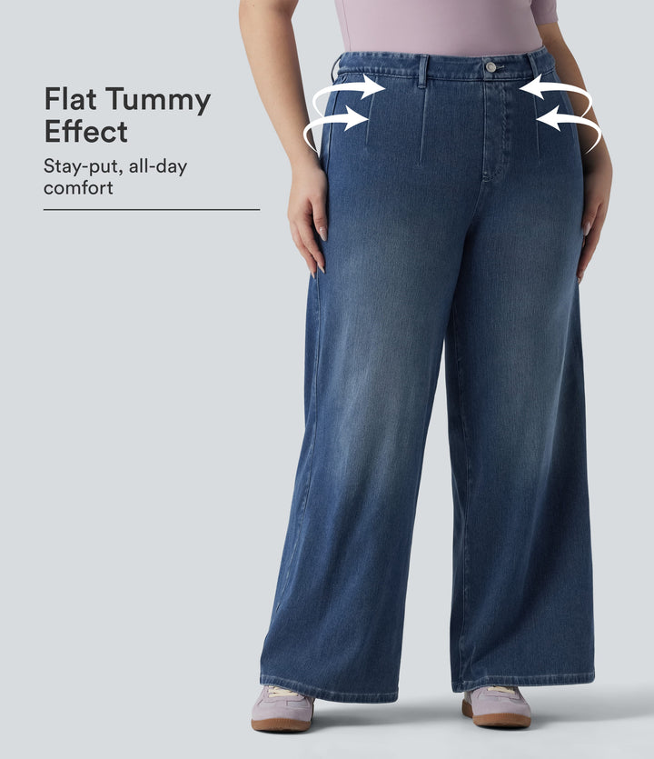 Plus Size High Waisted Tummy Control Wide Leg Casual Jeans with Pockets — Tide Blue Denim — view 1