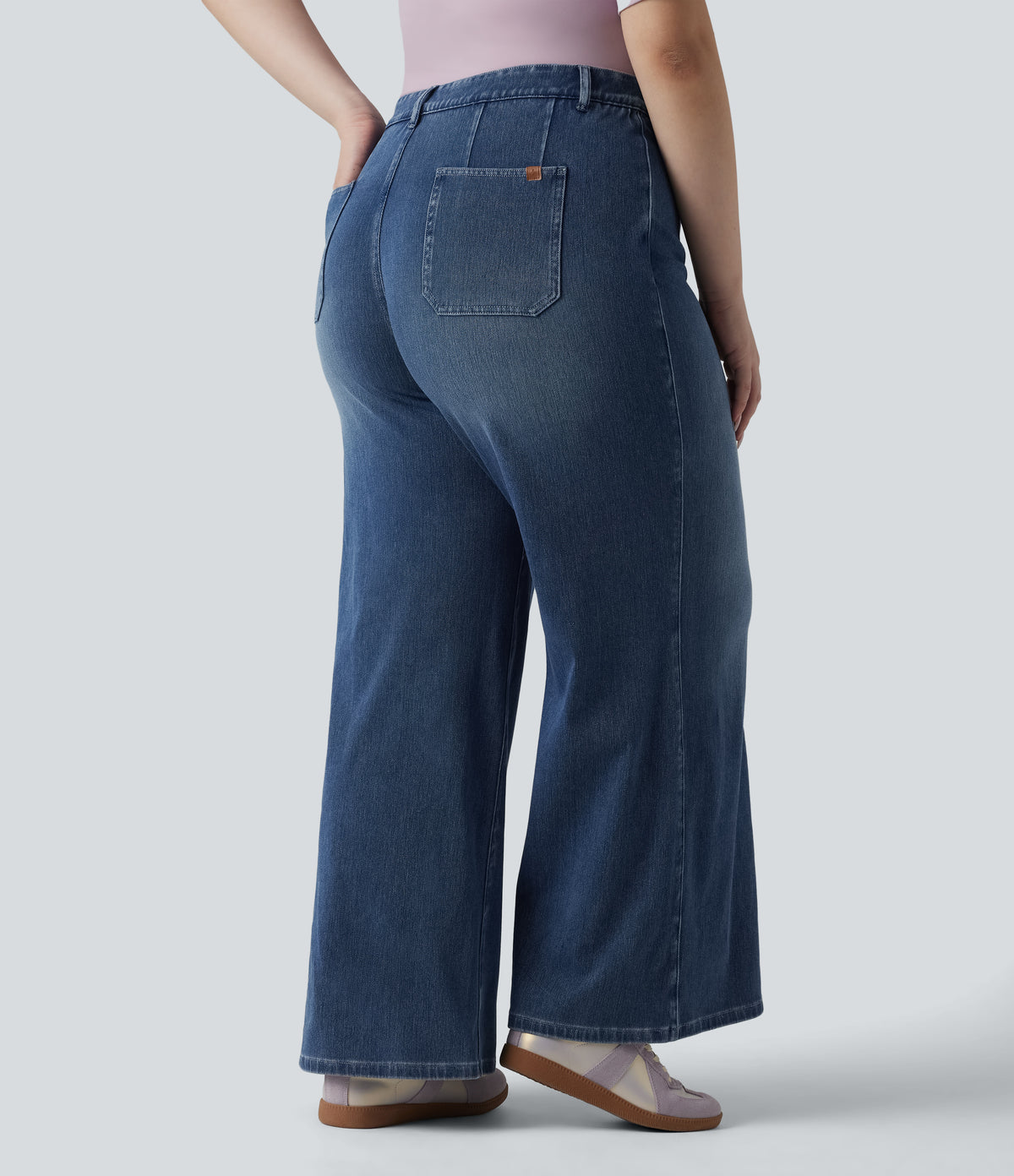 Plus Size High Waisted Tummy Control Wide Leg Casual Jeans with Pockets — Tide Blue Denim — view 2