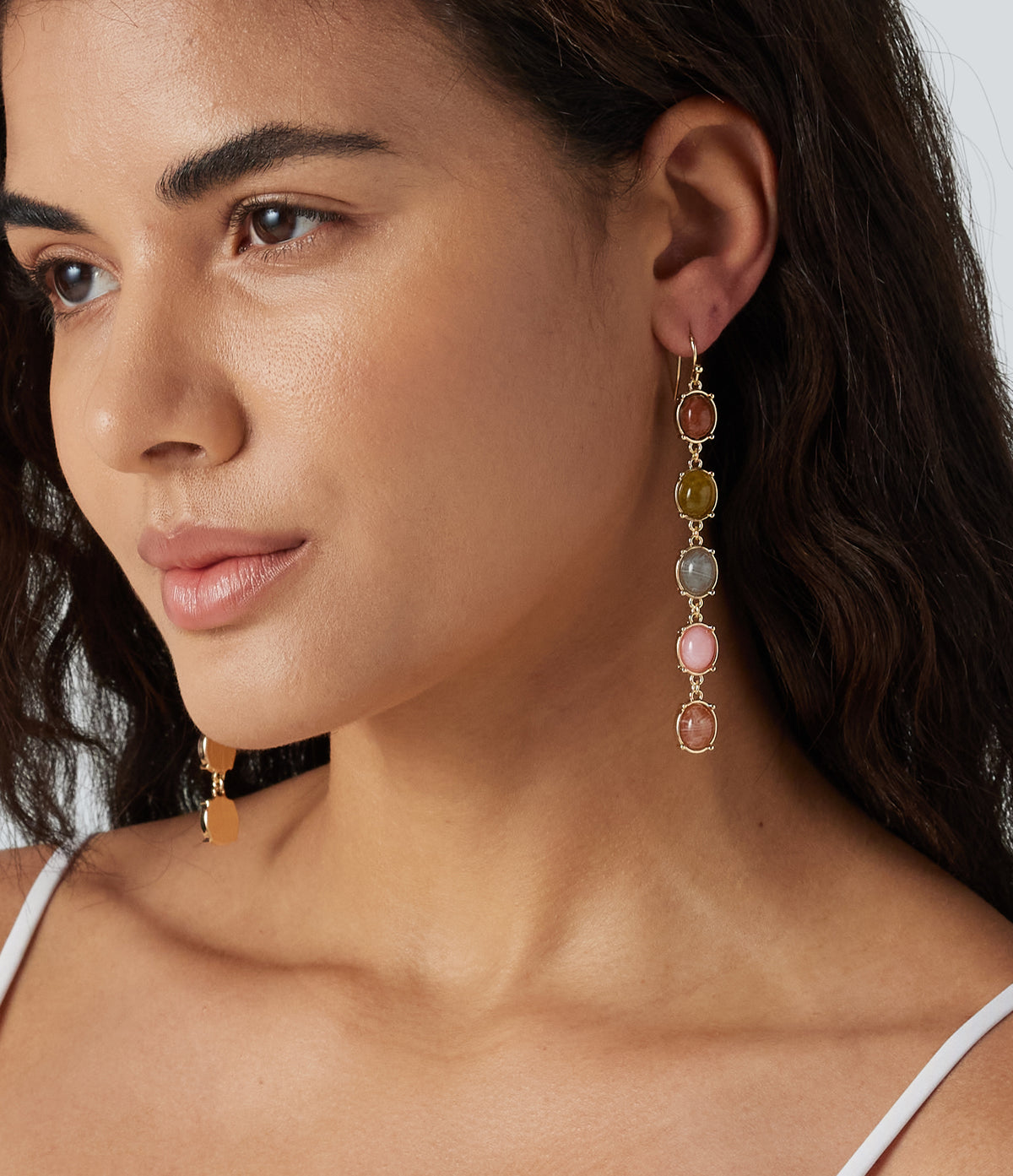 Colorful Stone Drop Earrings — Gold — view 3