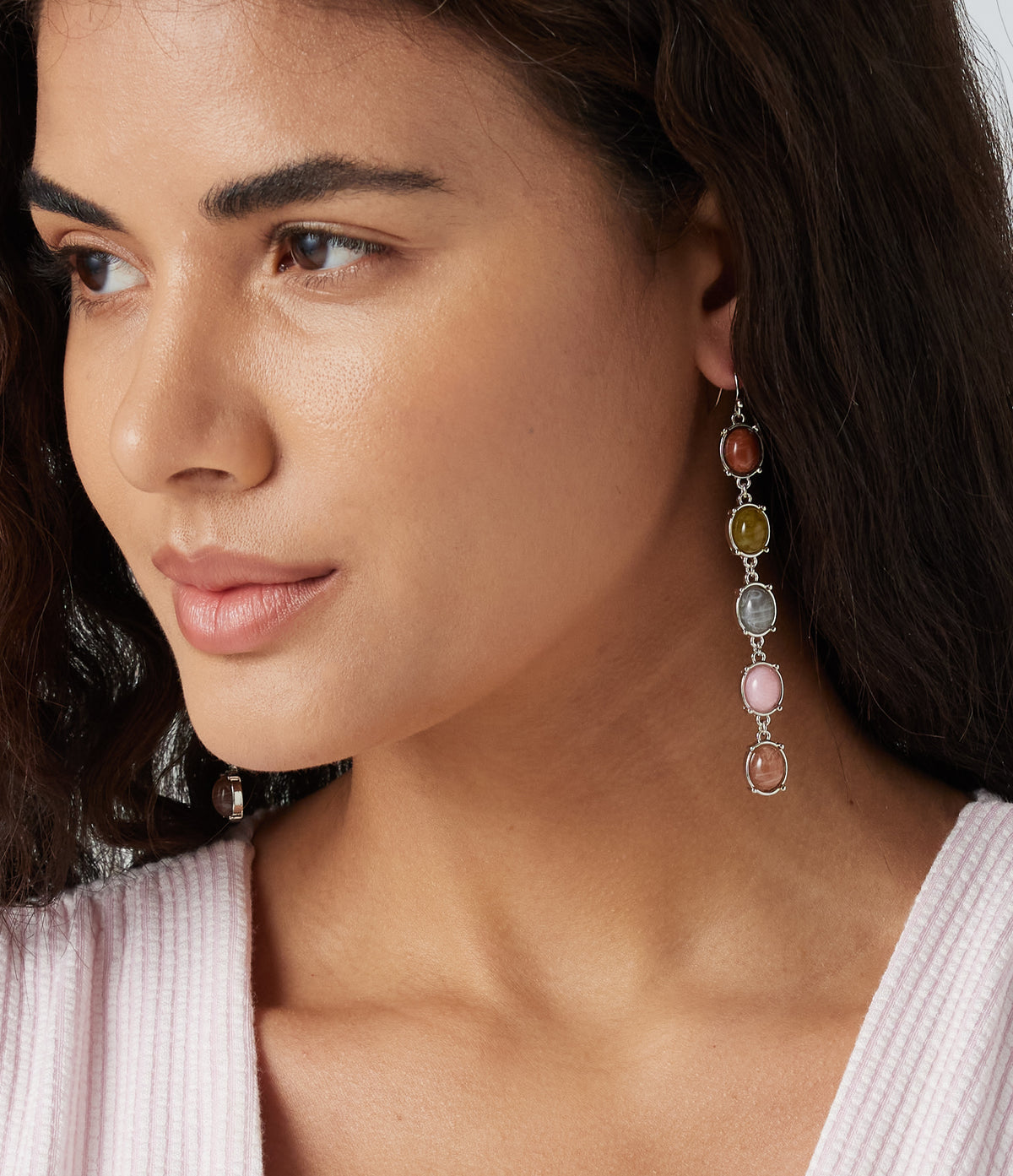 Colorful Stone Drop Earrings — Silver — additional view