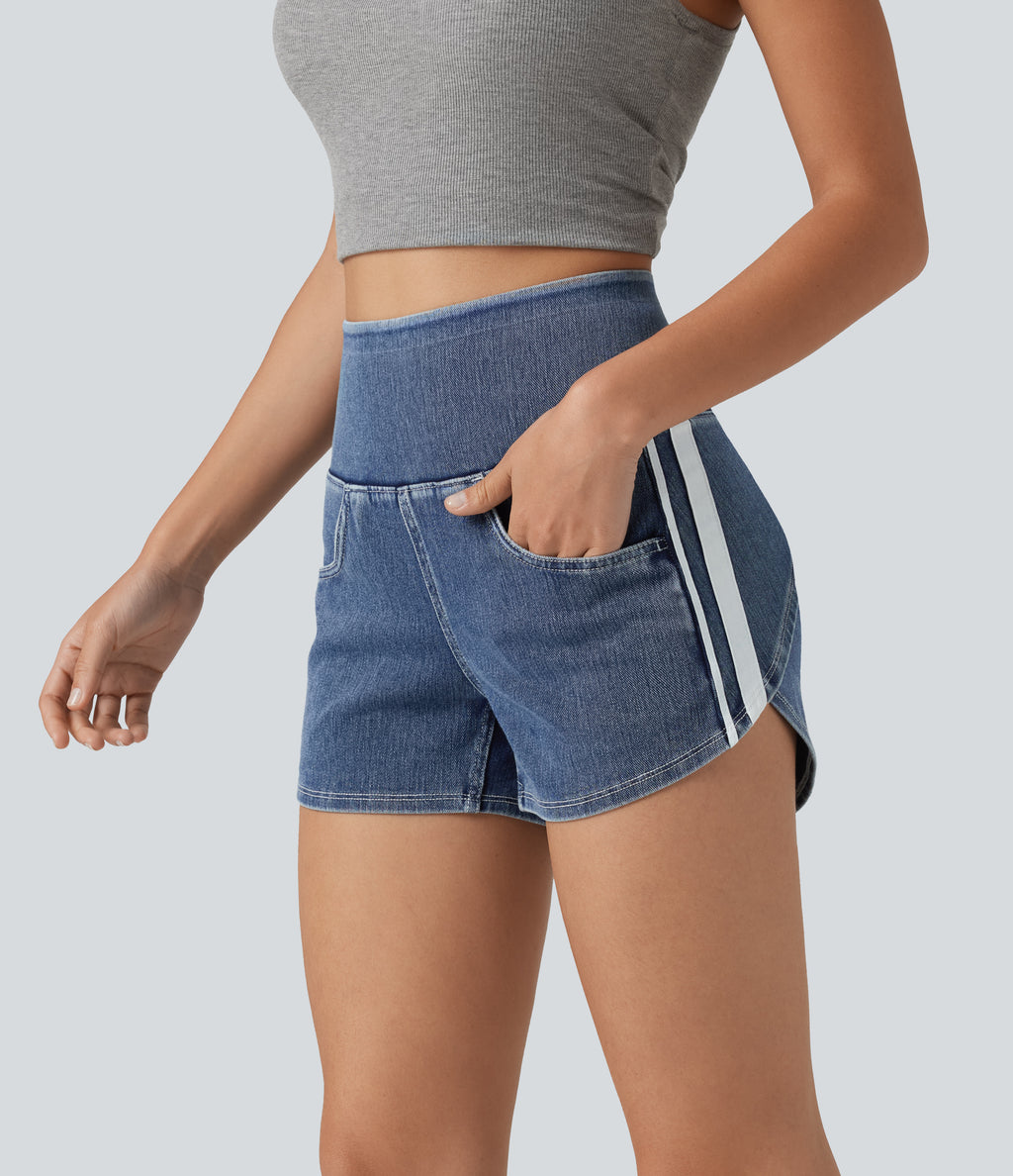 High Waisted Tummy Control Curved Hem Stripe Denim Casual Shorts with Pockets — Tide Blue Denim — view 3