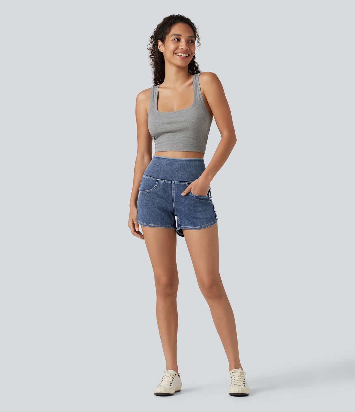 High Waisted Tummy Control Curved Hem Stripe Denim Casual Shorts with Pockets — Tide Blue Denim — view 7