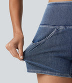 High Waisted Tummy Control Curved Hem Stripe Denim Casual Shorts with Pockets — Tide Blue Denim — view 6