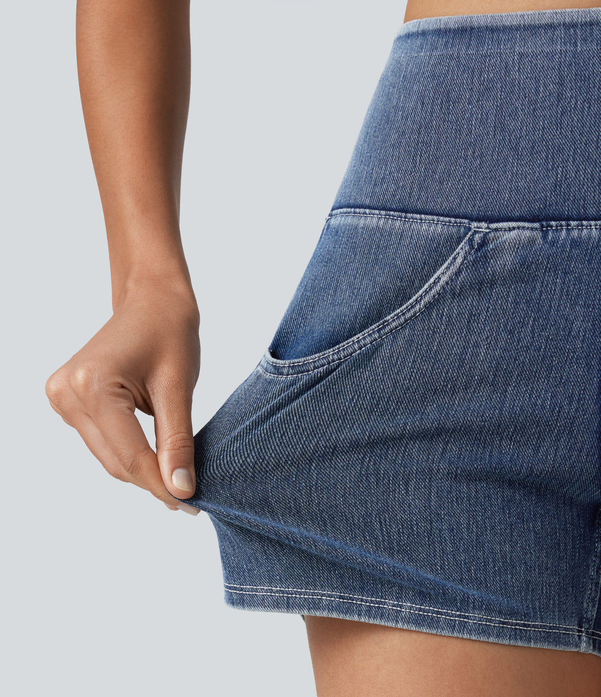 High Waisted Tummy Control Curved Hem Stripe Denim Casual Shorts with Pockets — Tide Blue Denim — view 6