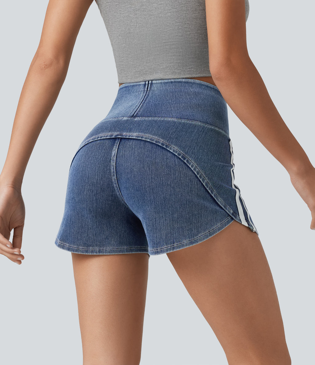 High Waisted Tummy Control Curved Hem Stripe Denim Casual Shorts with Pockets — Tide Blue Denim — view 4