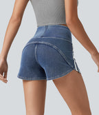 High Waisted Tummy Control Curved Hem Stripe Denim Casual Shorts with Pockets — Tide Blue Denim — view 4