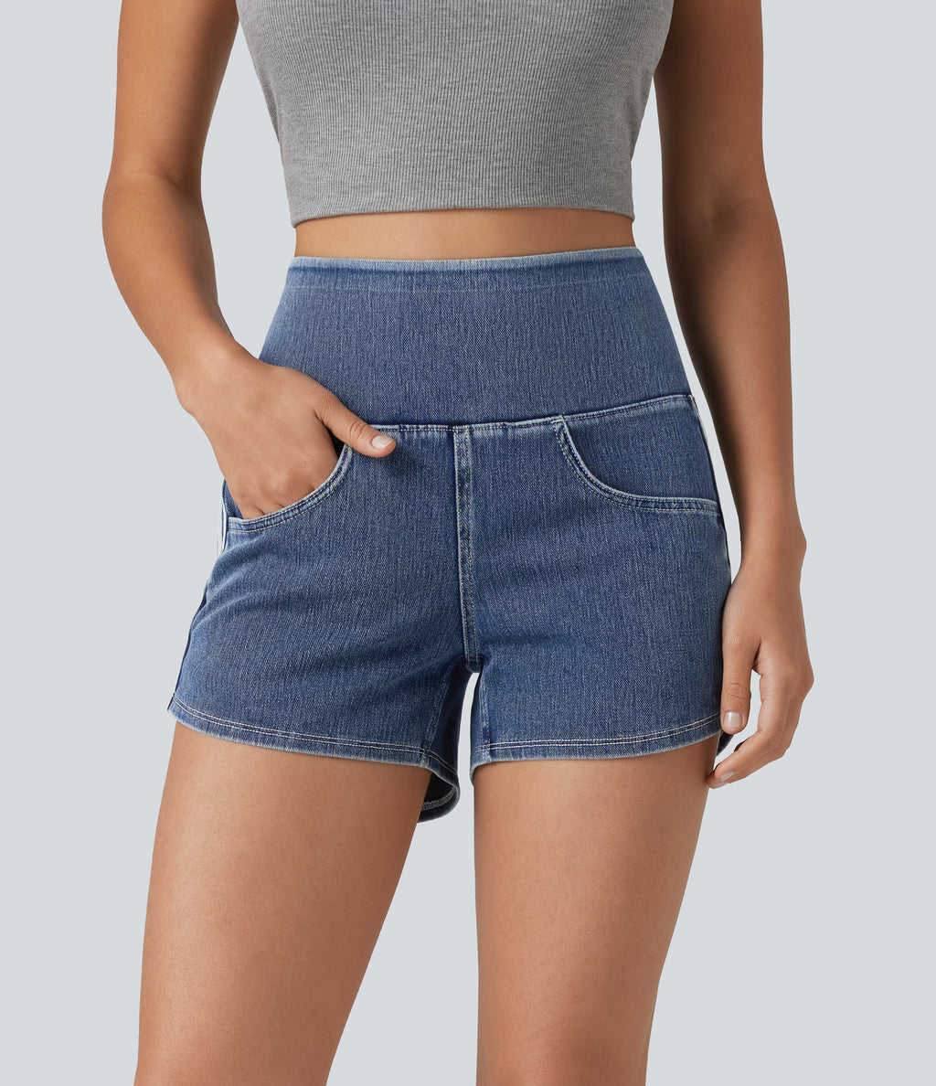 High Waisted Tummy Control Curved Hem Stripe Denim Casual Shorts with Pockets — Tide Blue Denim — view 2