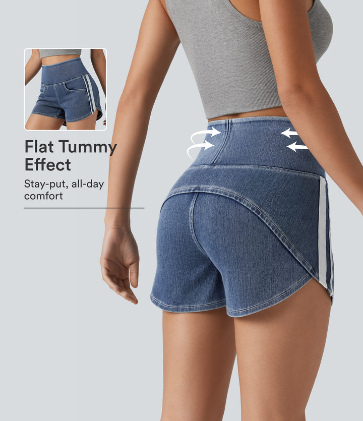 High Waisted Tummy Control Curved Hem Stripe Denim Casual Shorts with Pockets — Tide Blue Denim — view 1