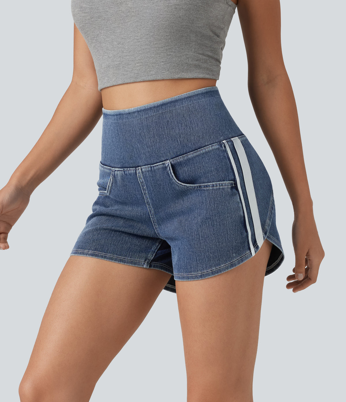 High Waisted Tummy Control Curved Hem Stripe Denim Casual Shorts with Pockets — Tide Blue Denim — view 5