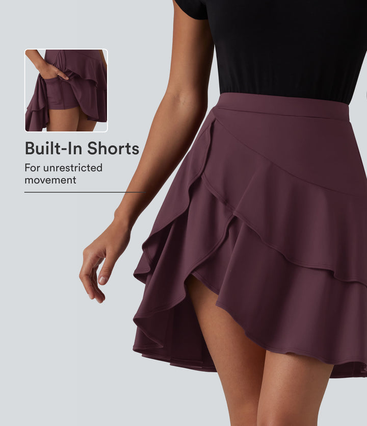 Airy High Waisted Tiered Ruffle Hem 2-in-1 InstantCool Longer Mini Casual Skirt with Pocket — Fig — view 1