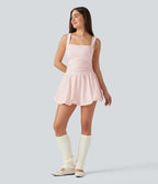 Square Neck Sleeveless Built-in Bra 2-in-1 Mini Dance Active Bubble Dress with Pockets-Edition — Mauve Chalk — view 7