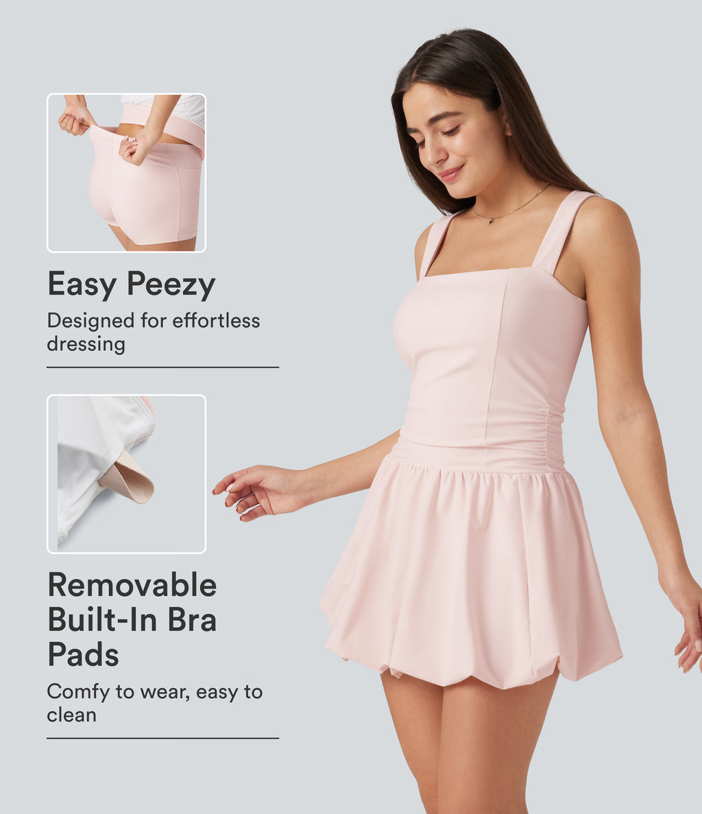 Square Neck Sleeveless Built-in Bra 2-in-1 Mini Dance Active Bubble Dress with Pockets-Edition — Mauve Chalk — view 1