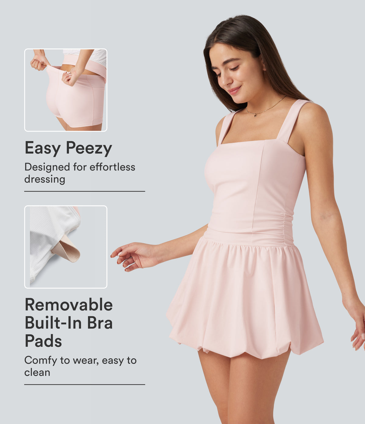 Square Neck Sleeveless Built-in Bra 2-in-1 Mini Dance Active Bubble Dress with Pockets-Edition — Mauve Chalk — view 1