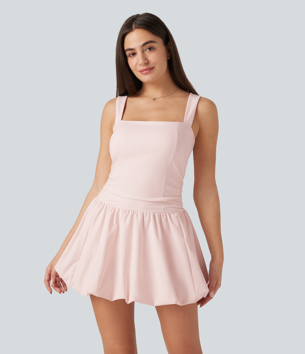 Square Neck Sleeveless Built-in Bra 2-in-1 Mini Dance Active Bubble Dress with Pockets-Edition — Mauve Chalk — view 2