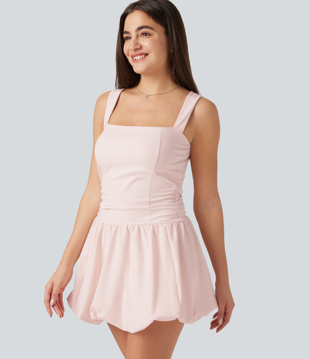 Square Neck Sleeveless Built-in Bra 2-in-1 Mini Dance Active Bubble Dress with Pockets-Edition — Mauve Chalk — view 4