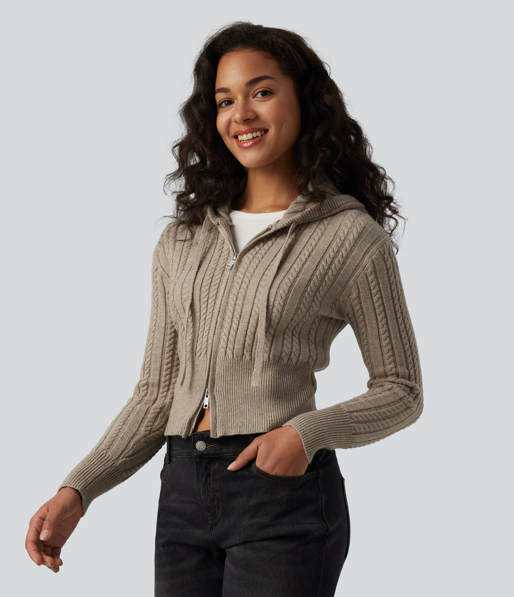 Hooded Zip Fly Cable Knit Casual Cardigan — Crockery — view 1