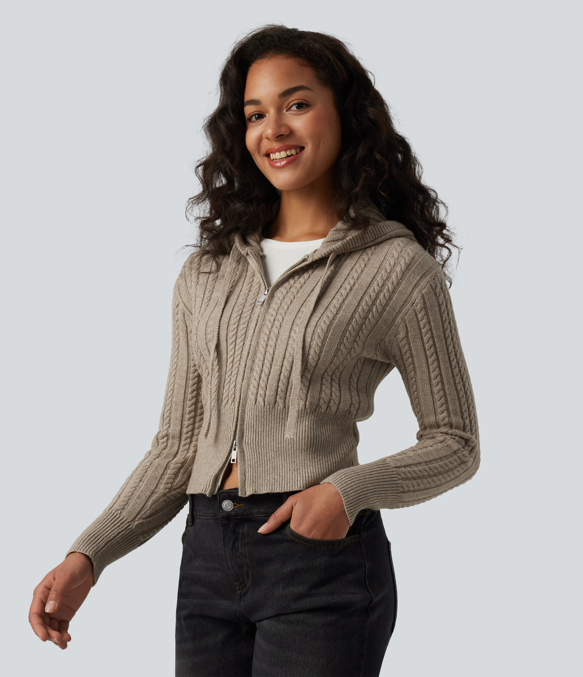 Hooded Zip Fly Cable Knit Casual Cardigan — Crockery — view 1