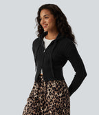 Hooded Zip Fly Cable Knit Casual Cardigan — Black — view 6