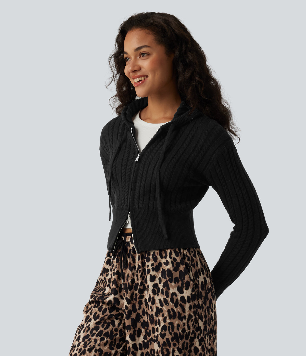 Hooded Zip Fly Cable Knit Casual Cardigan — Black — view 6