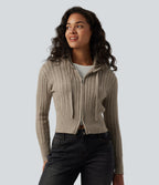 Hooded Zip Fly Cable Knit Casual Cardigan — Crockery — view 3