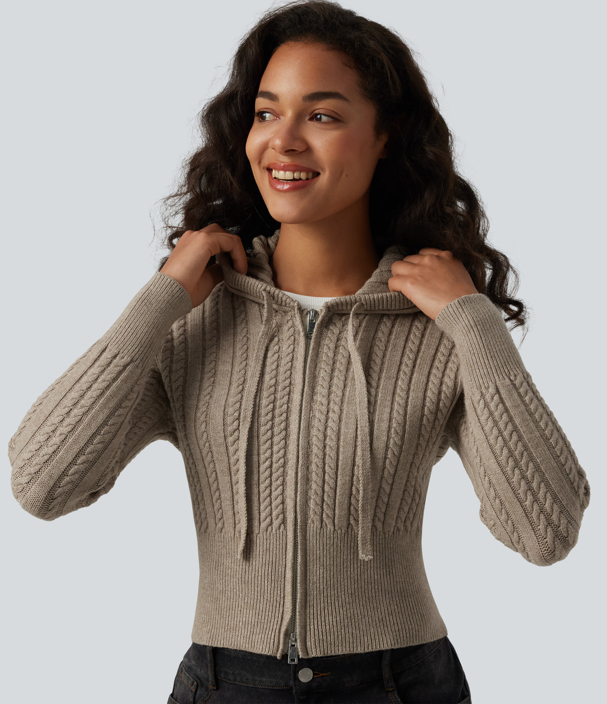 Hooded Zip Fly Cable Knit Casual Cardigan — Crockery — view 4