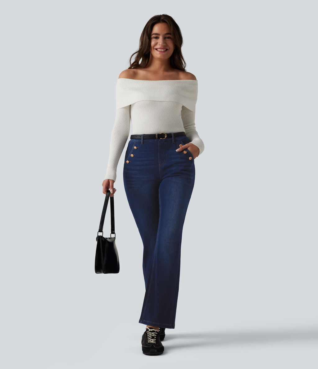 Mid Rise Decorative Buttons Casual Bootcut Jeans with Pockets — Inkling Blue Denim — view 6