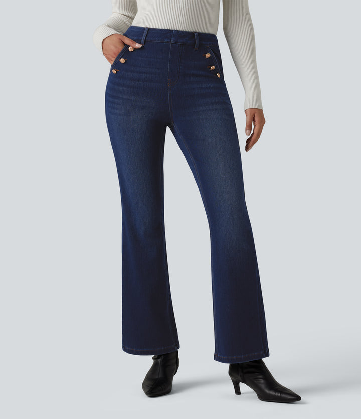 Mid Rise Decorative Buttons Casual Bootcut Jeans with Pockets — Inkling Blue Denim — view 1