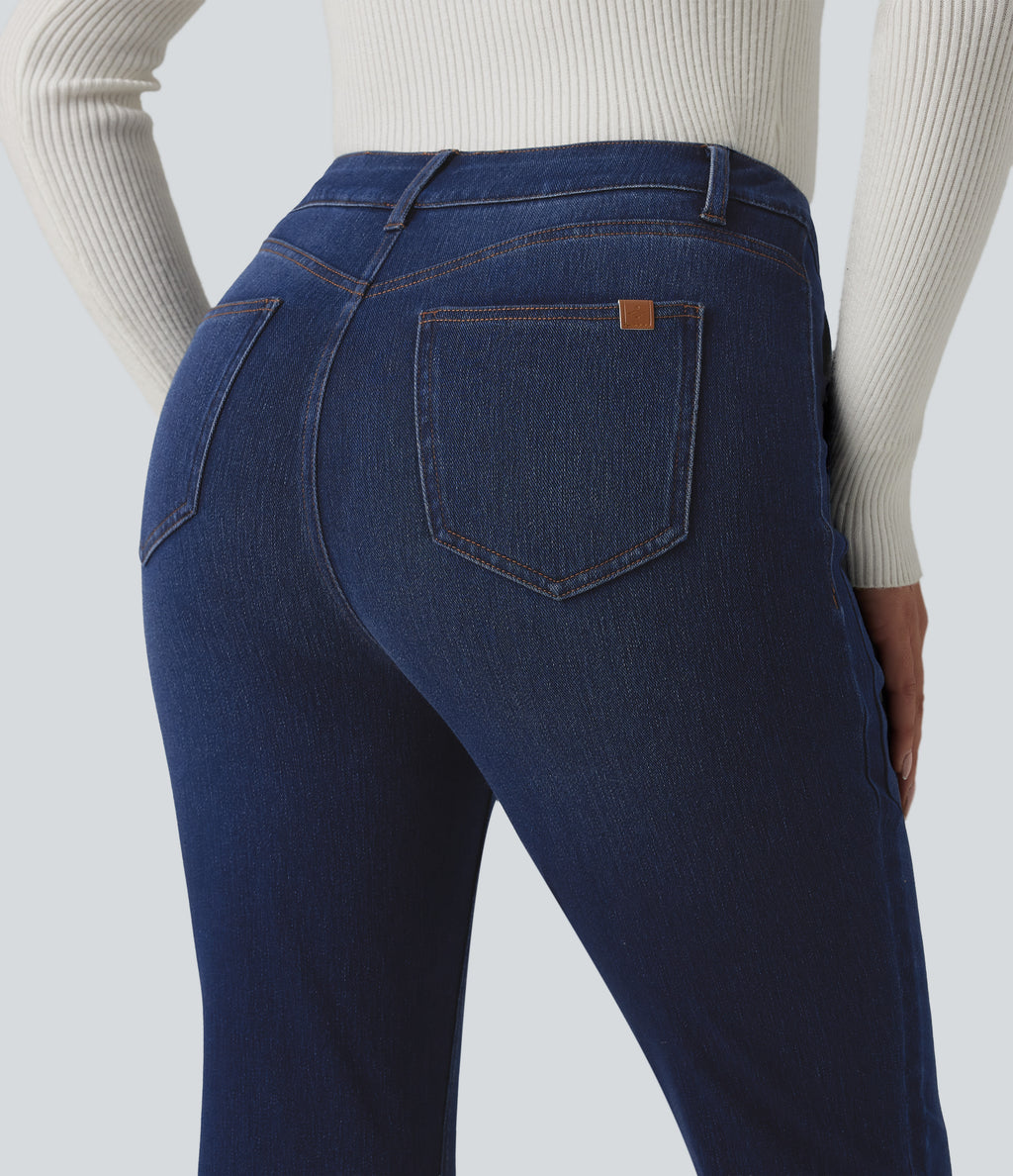 Mid Rise Decorative Buttons Casual Bootcut Jeans with Pockets — Inkling Blue Denim — view 5