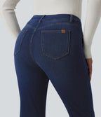 Mid Rise Decorative Buttons Casual Bootcut Jeans with Pockets — Inkling Blue Denim — view 5