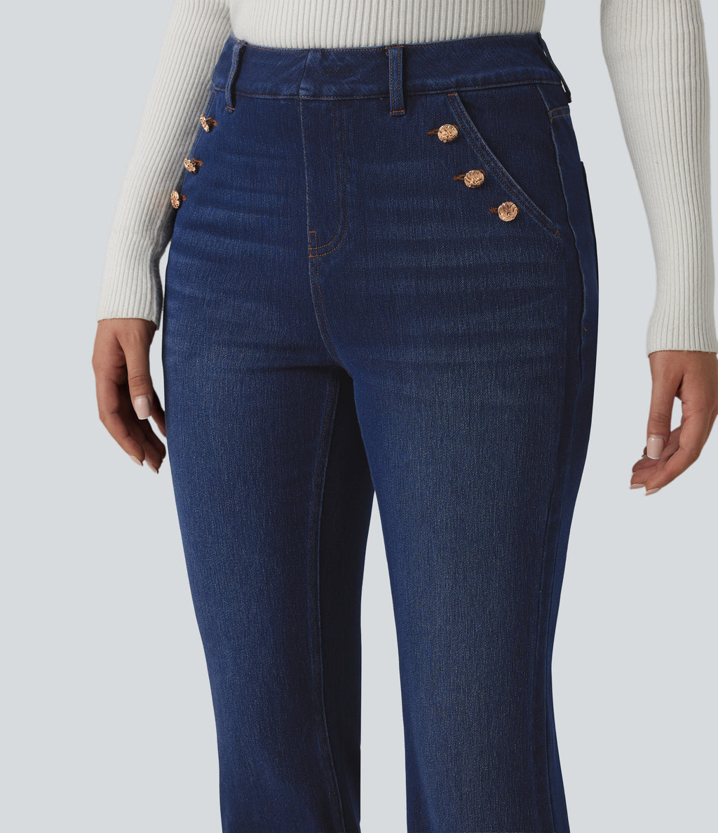 Mid Rise Decorative Buttons Casual Bootcut Jeans with Pockets — Inkling Blue Denim — view 4