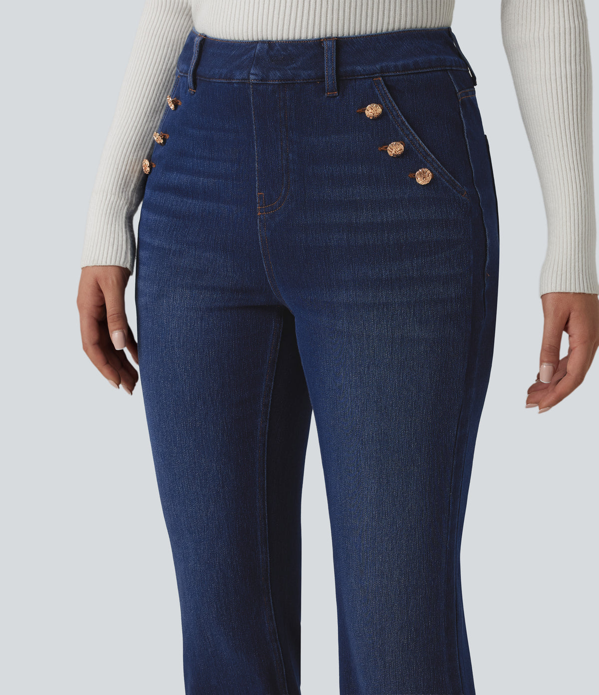 Mid Rise Decorative Buttons Casual Bootcut Jeans with Pockets — Inkling Blue Denim — view 4