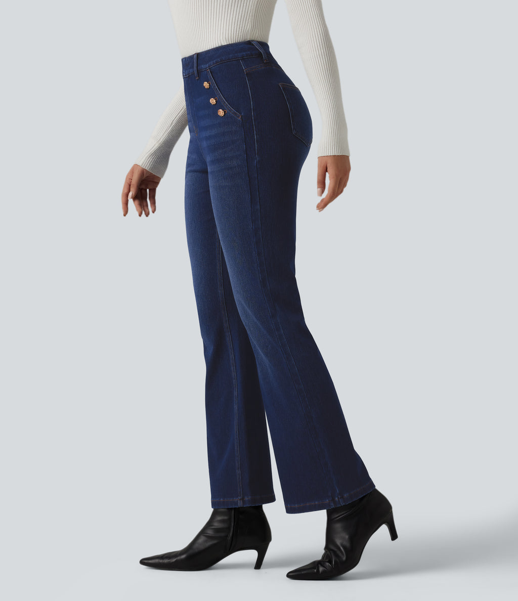 Mid Rise Decorative Buttons Casual Bootcut Jeans with Pockets — Inkling Blue Denim — view 3