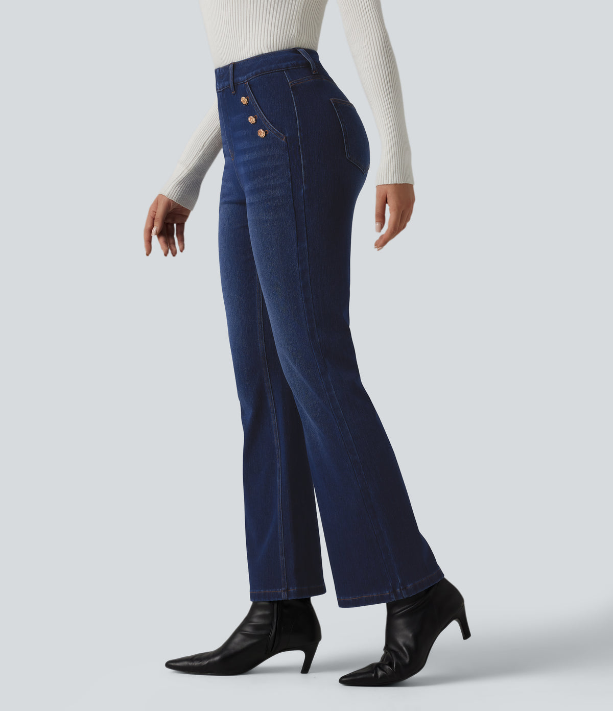 Mid Rise Decorative Buttons Casual Bootcut Jeans with Pockets — Inkling Blue Denim — view 3