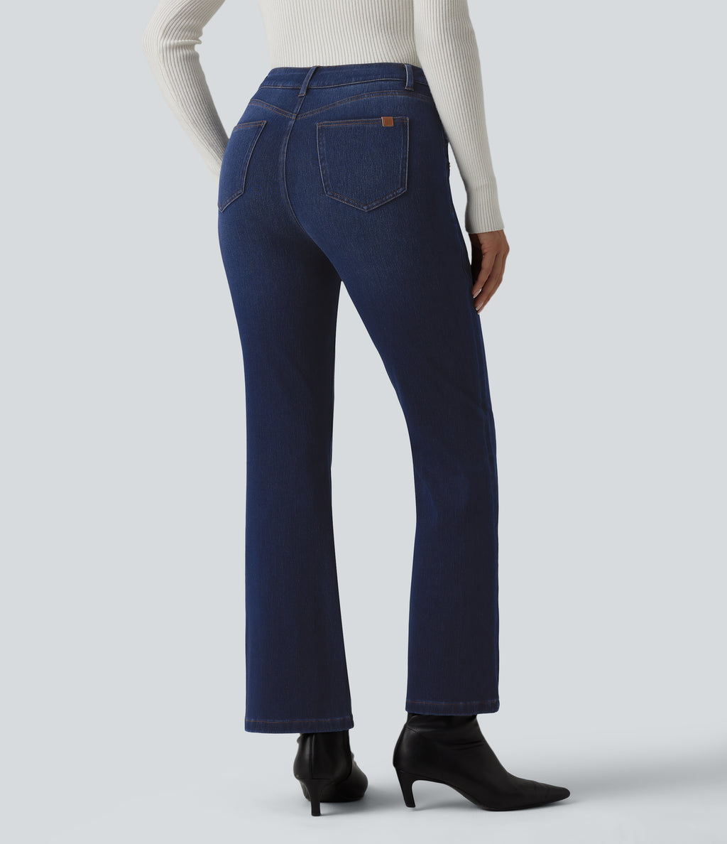 Mid Rise Decorative Buttons Casual Bootcut Jeans with Pockets — Inkling Blue Denim — view 2