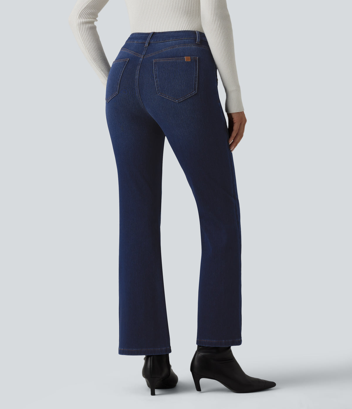 Mid Rise Decorative Buttons Casual Bootcut Jeans with Pockets — Inkling Blue Denim — view 2