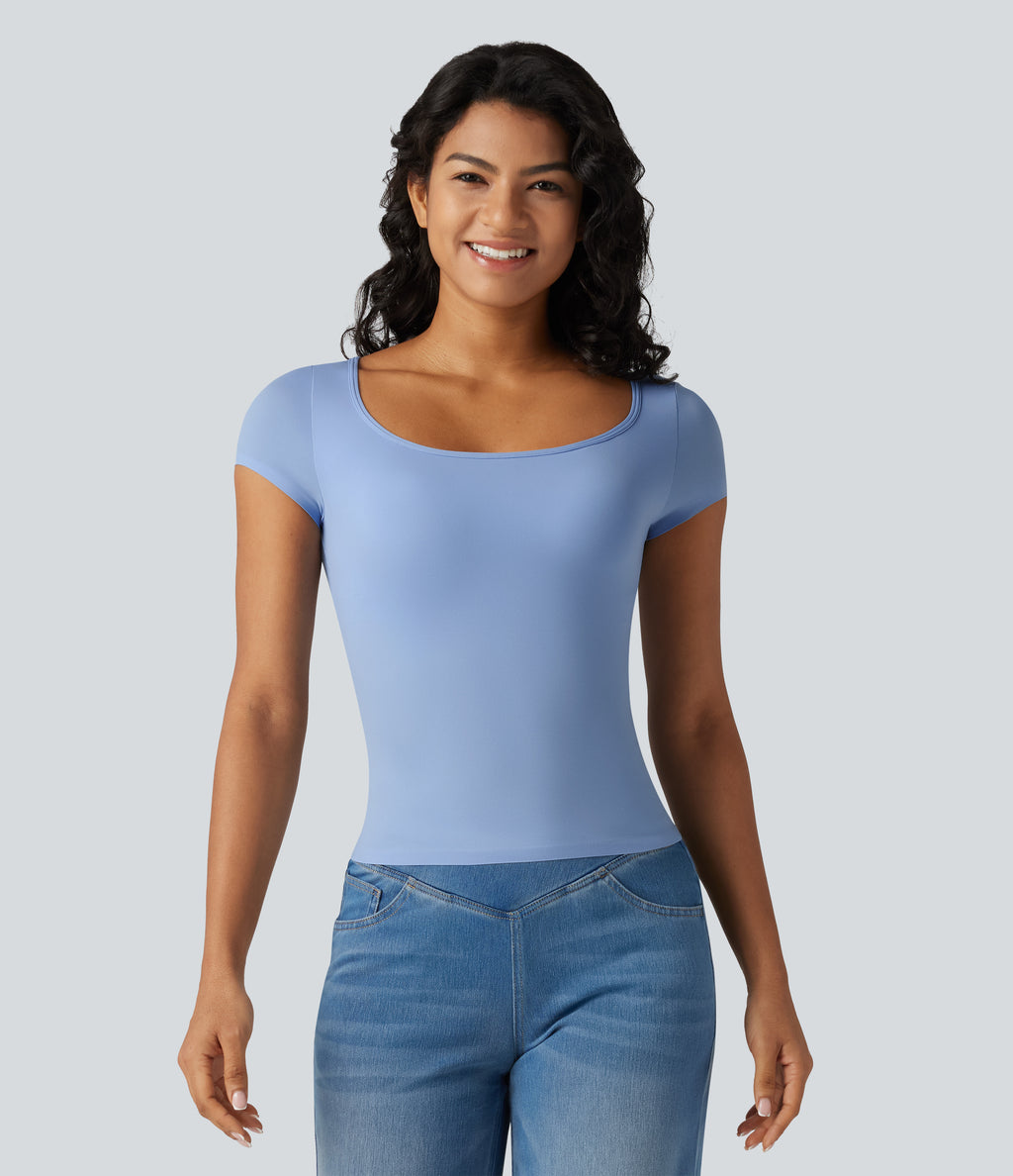 High Stretch Square Neck Built-in Bra Short Sleeve Casual T-Shirt B-DD Cups — Ocean Eyes - Light Blue — view 2