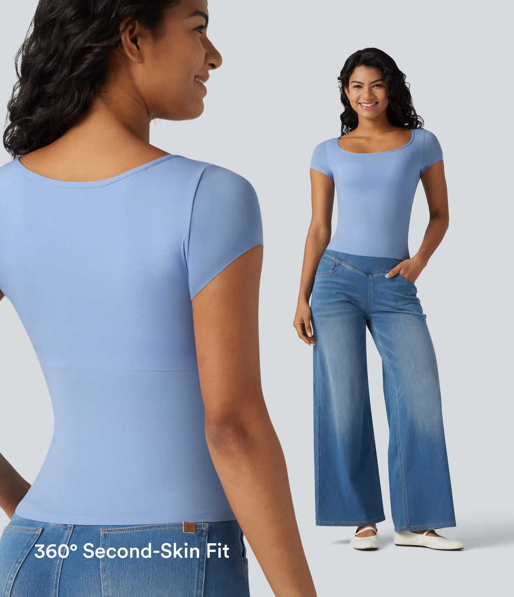 High Stretch Square Neck Built-in Bra Short Sleeve Casual T-Shirt B-DD Cups — Ocean Eyes - Light Blue — view 8